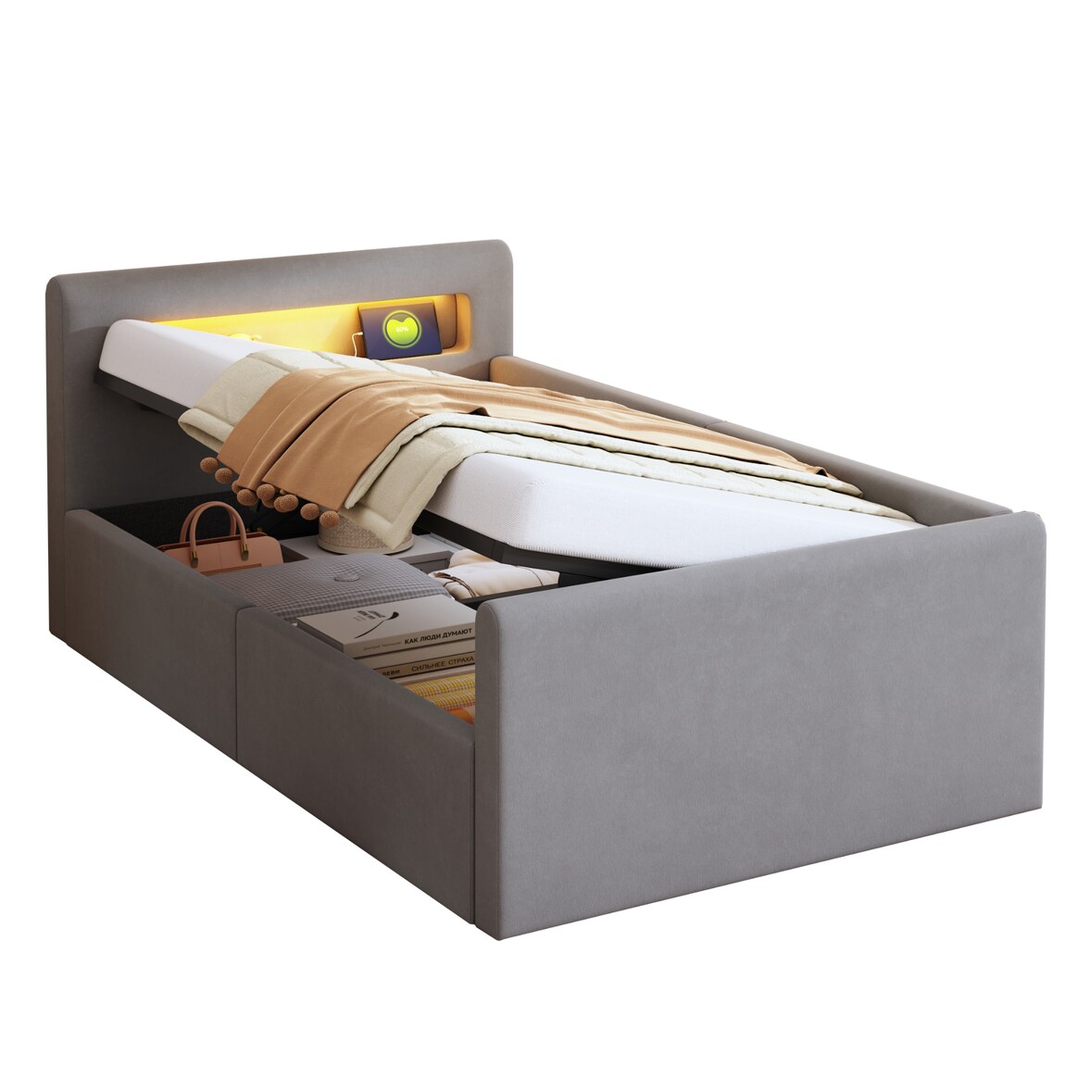 Polsterbett 90x200 mit LED-Licht und Stauraum, Hellgrau, hydraulischer Bettkasten, Lattenrost inklusive – modernes Kinderbett