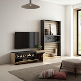 thumbnail of Wohnzimmer TV-Schrank, Wohnwand System, 260x35x186cm, Für TV bis 65“, Elektrischer Kamin, Moderner Stil, Eiche und schwarz _ 88_14