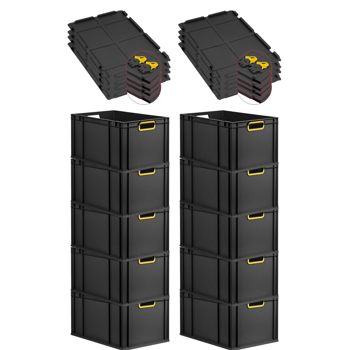 PROREGAL SuperSparSet 10x Eurobox NextGen Color mit Scharnierdeckel & Verschlüssen, HxBxT 32x40x60cm, 65L, Schwarz, Griffe gelb offen, Eurobehälter