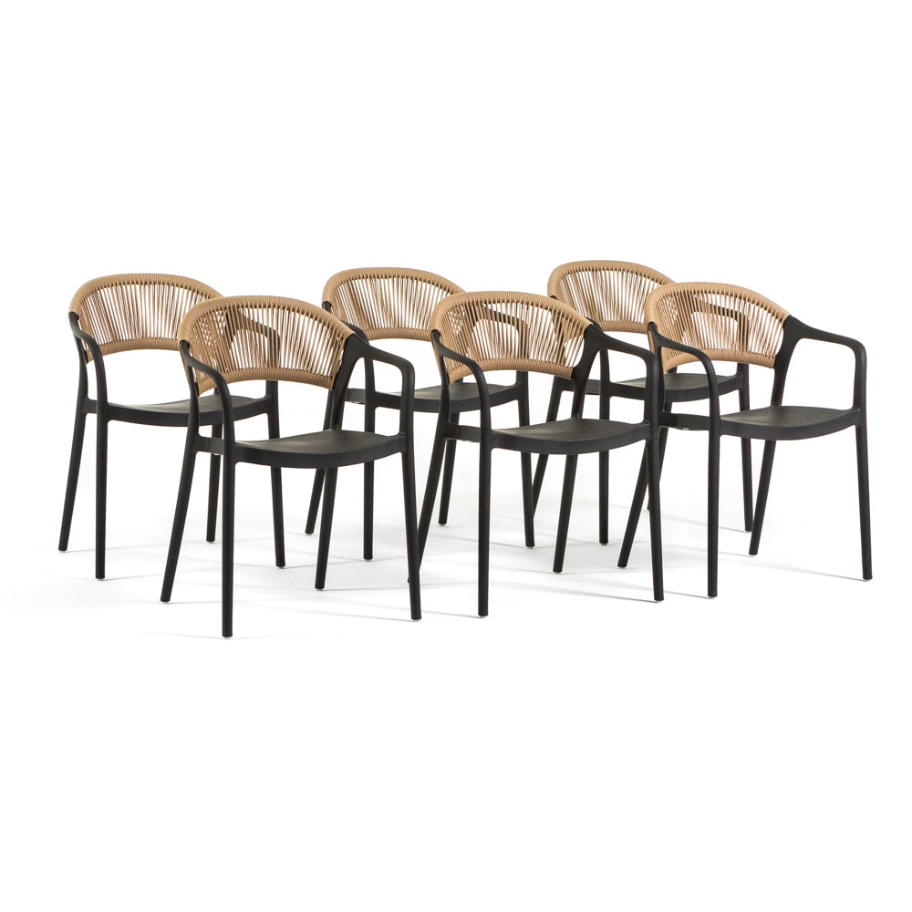 Lot de 6 chaises en polypropylène avec tissage en corde, élégantes, résistantes, empilables, pour jardin, balcon, bar, restaurants-JOLANDA-Noir