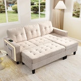 thumbnail of Multifunktionales L-Form Sofa mit Hocker, LED-Beleuchtung, USB-Anschluss, Chenille-Stoff, 500 kg belastbar, Gesamtgröße 185x135x85 cm, Beige