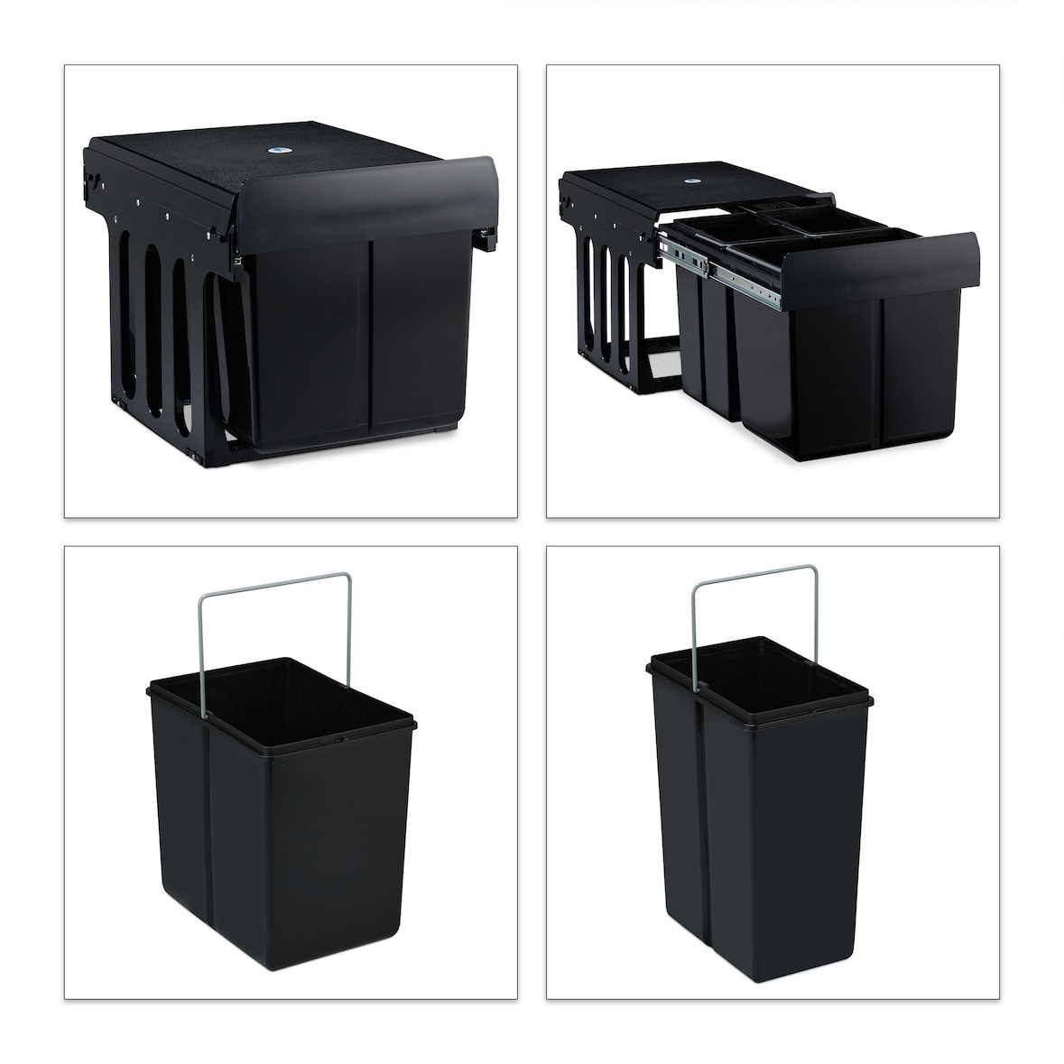 Relaxdays Einbaumülleimer 3-fach, ausziehbar, Küchenmülleimer für Unterschrank, 15l & 2x 8l, 35,1x34,3x48 cm, schwarz