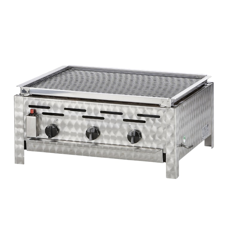 Gastrobräter, 3 Brenner je 4,5 kW, mit Lavasteineinsatz u. Grillrost, B 650 x T 530 x H 270 mm, inkl. Gewerbedruckregler u. Schlauchbruchsicherung