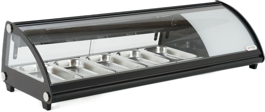 Gekühlte Sushi-Vitrine auf Arbeitsplatte – Aufklappbares gebogenes Frontglas – Eingebauter Motor – Schwarz – 5 gn 1/3 – 130,7 x 45 x 33 h cm