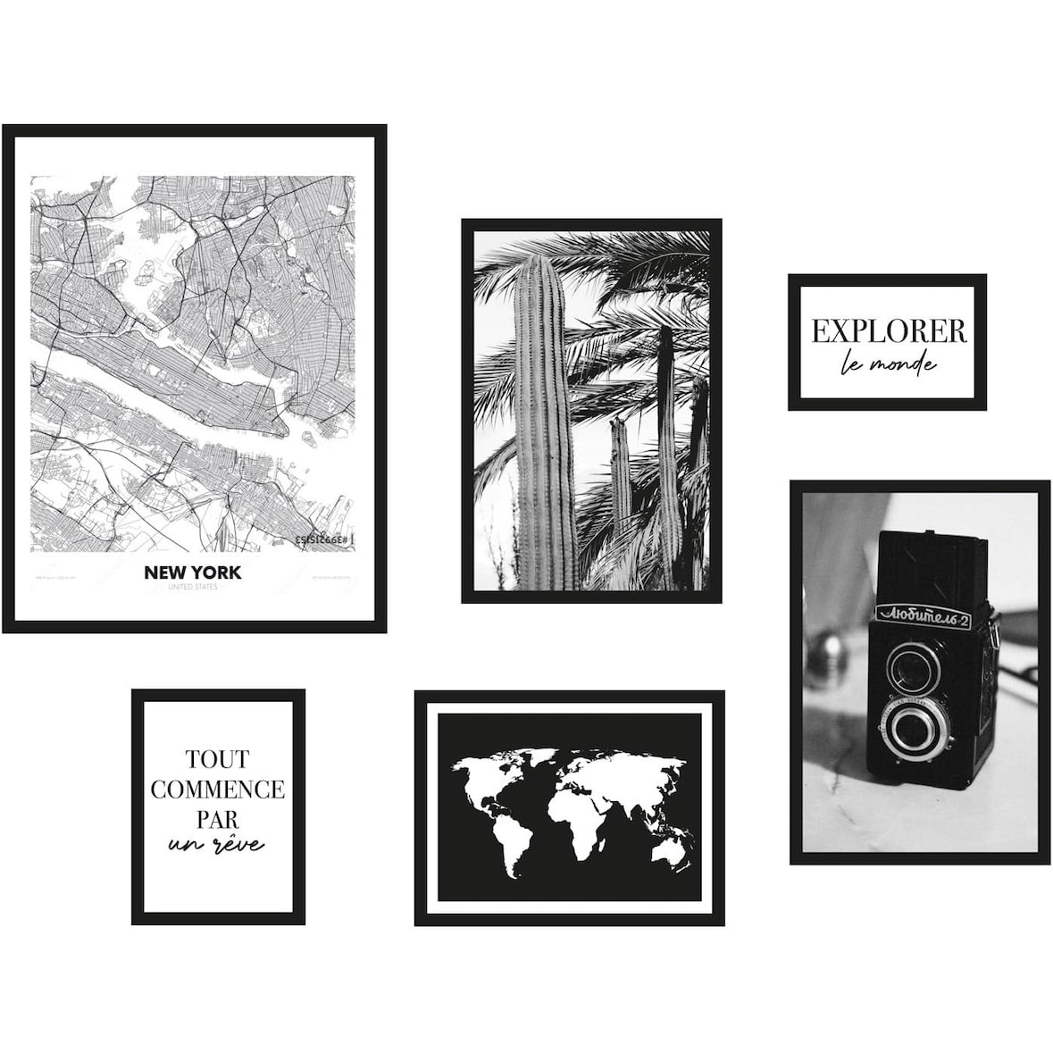 Juego de 6 marcos negro de madera MDF, cristal acrílico, para colgar, incluye accesorios