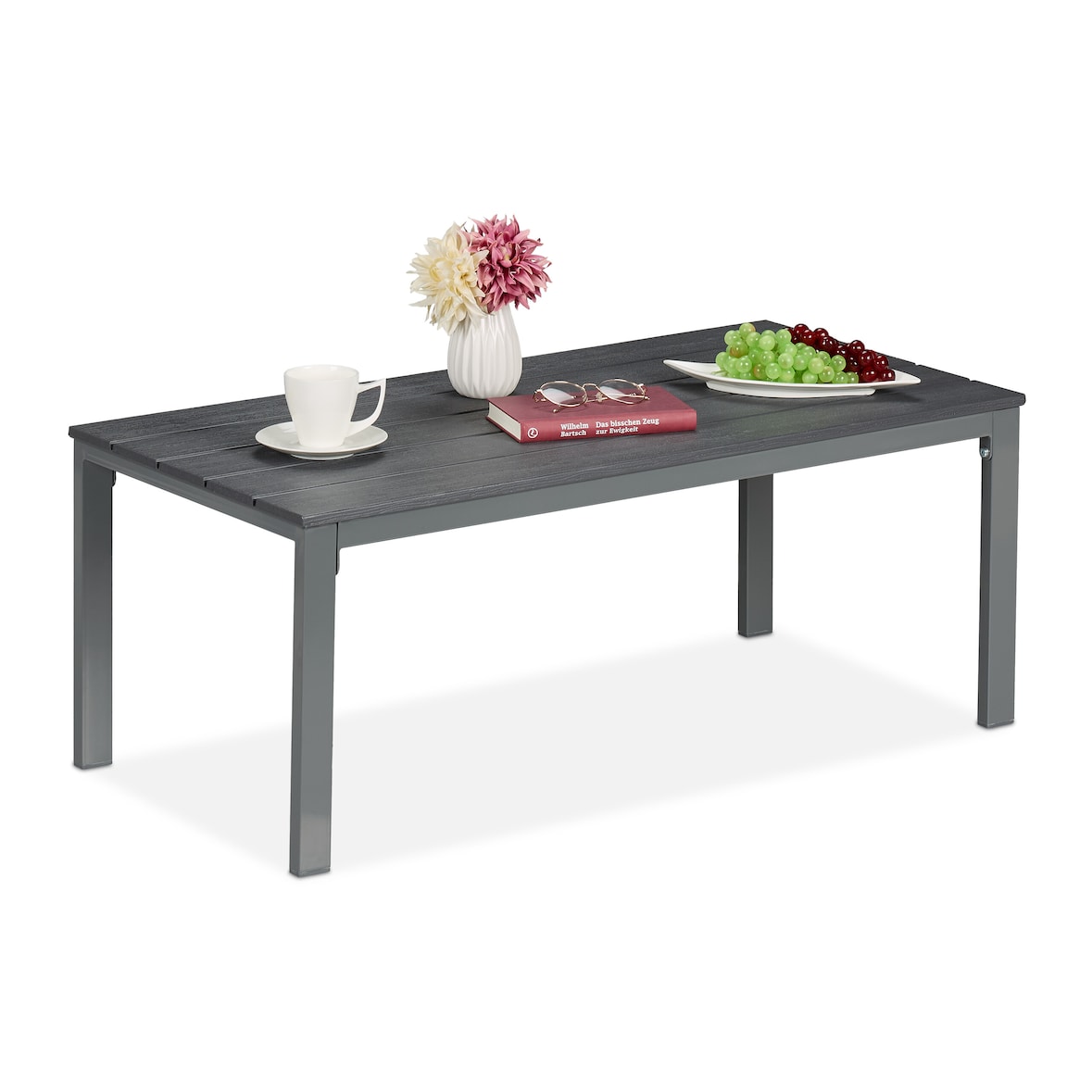 Relaxdays Gartentisch, wetterfest, auch für Terrasse und Balkon, Loungetisch, HBT: 39 x 98 x 48 cm, Outdoortisch, grau