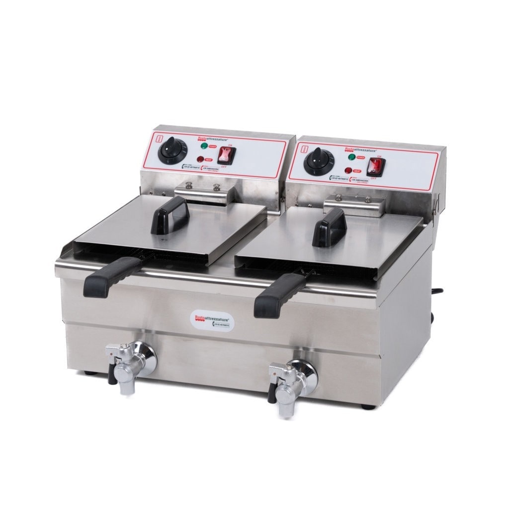 Friggitrice Elettrica Doppia Vasca, Professionale in Acciaio Inox - con Rubinetto di Scarico - 10+10 Litri, Capacità Olio 6+6 Litri
