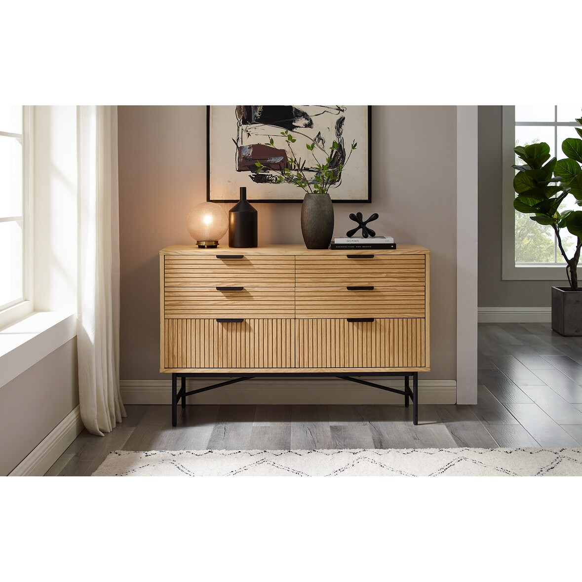 SalesFever Kommode breit | mit 6 Schubladen | MDF Eiche Echtholzfurnier | Gestell Metall | B 120 x T 40 x H 80 cm | natur – schwarz