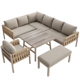 thumbnail of Merax tuin loungeset voor 6-8 personen, hoekbank met fauteuil, bank en tafel, dik gevlochten touw, verzinkt ijzer, beige