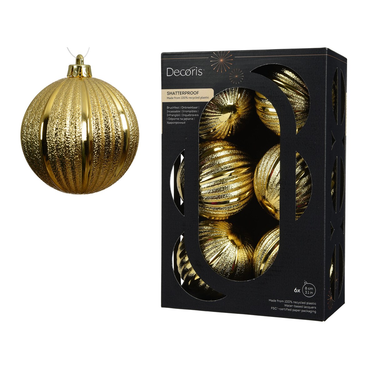 6 Weihnachtskugeln Kunststoff 8cm bruchsicher geriffelte Christbaumkugeln Rillen Weihnachtsbaumkugeln Christbaumschmuck Weihnachtsbaumschmuck Hellgold