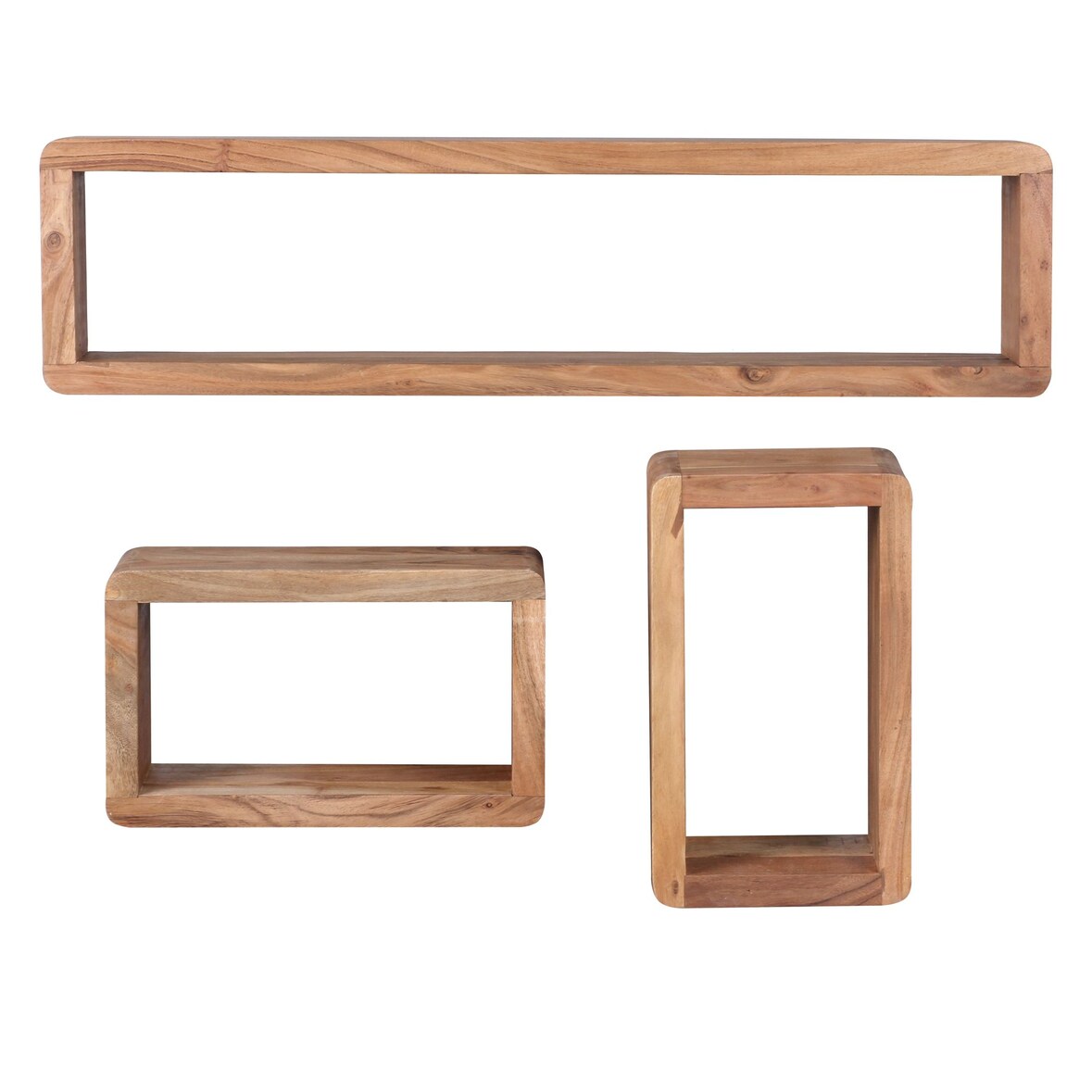 Design Wandregal 3er Set BOHA Massiv Holzregale Akazie Landhausstil, Rustikales Wandregal-Set Holz, Hängeregal Viereckig Echtholz, Wand-Regale,