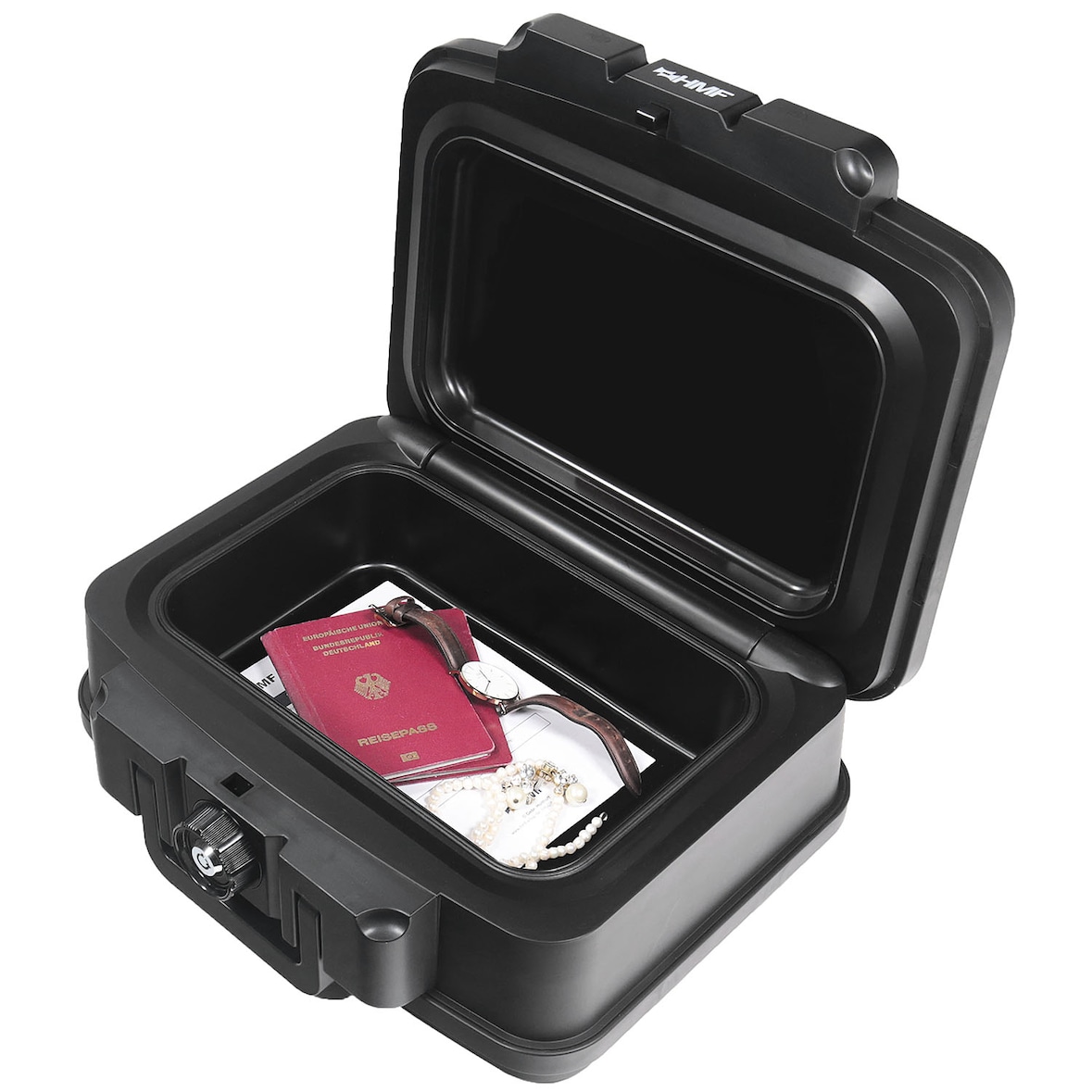 HMF 250451 Feuerfeste Wasserdichte Dokumentenbox, DIN A5, 38,5 x 16,5 x 28 cm, Schwarz