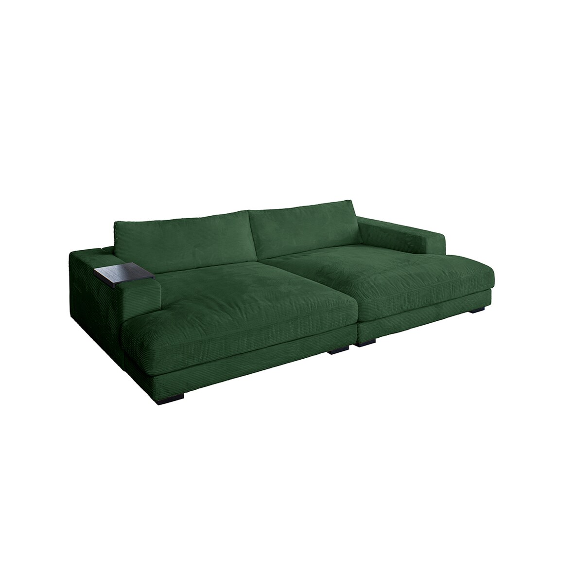 KAWOLA Big Sofa MADELINE mit Holztablett schwarz für Armlehne Cord smaragd