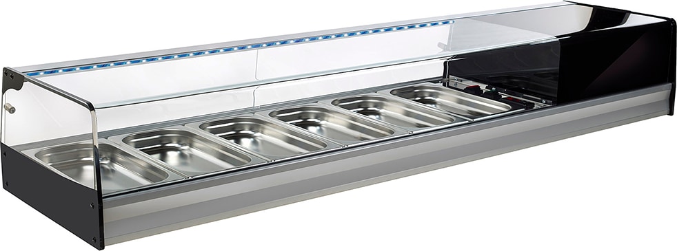 Vitrina de Tapas Refrigerada, 2 Metros Ancho, Cristal Recto, 8 Cubetas, Puertas Correderas, LED