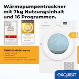 thumbnail of Exquisit Wärmepumpentrockner, 7kg Fassungsvermögen, vollelektronisch, 16 Programme, Knitterschutz, TWP701-030E weiß