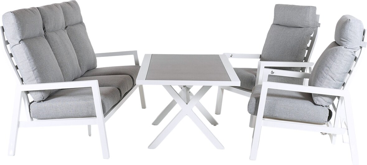 Conjunto sofás exterior, Aluminio reforzado color blanco, Sofá 3 plazas + 2 sillones reclinables + Mesita café, 5 plazas, Cojines color gris