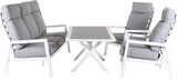thumbnail of Conjunto sofás exterior, Aluminio reforzado color blanco, Sofá 3 plazas + 2 sillones reclinables + Mesita café, 5 plazas, Cojines color gris