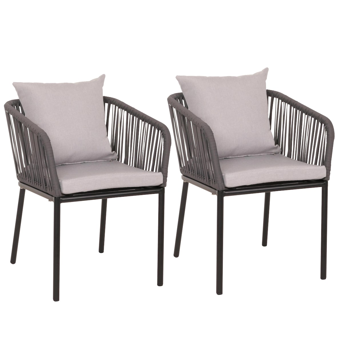 Set van 2 tuinstoelen HWC-N41, buitenstoel armleuning, weerbestendig aluminium touwvlechtwerk Rope ~ antraciet kussen lichtgrijs