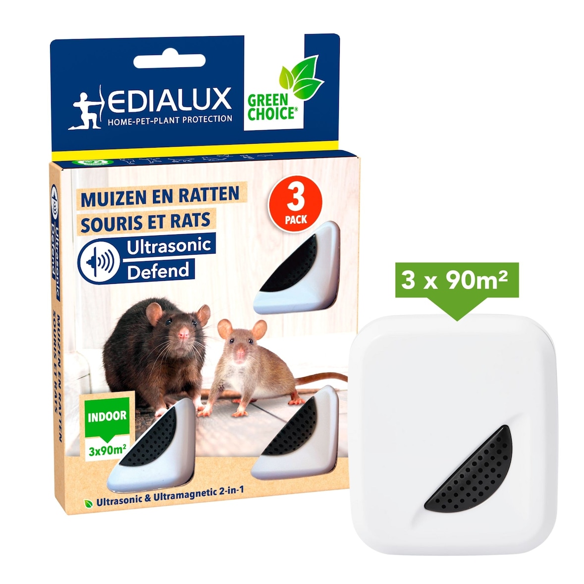 Edialux Ultrasonic Defend - Ratones Y Ratas, Max. 90M², 3 Unidades