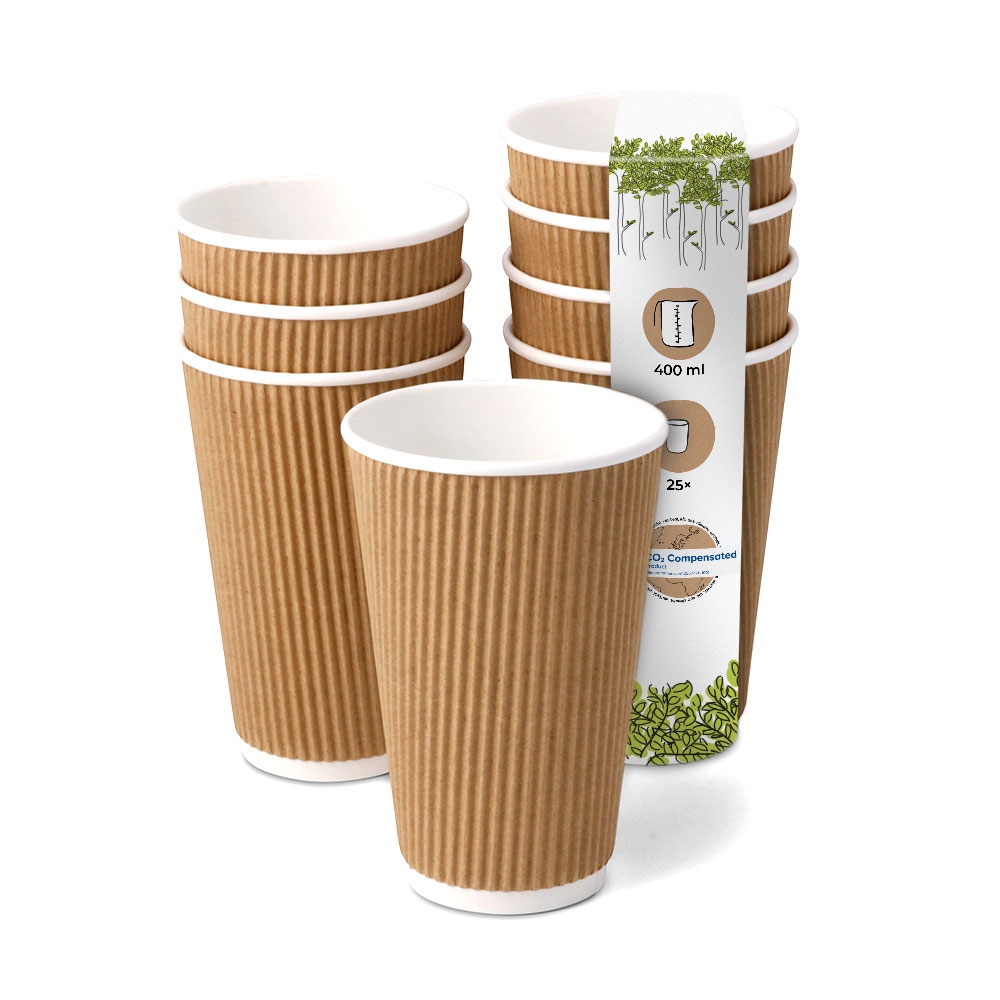BIOZOYG 25 Stück Riffelbecher 400ml / 16oz Kaffee To Go Pappbecher, Braune Einwegbecher, Nachhaltig, Biologisch Abbaubar, Einwegbecher