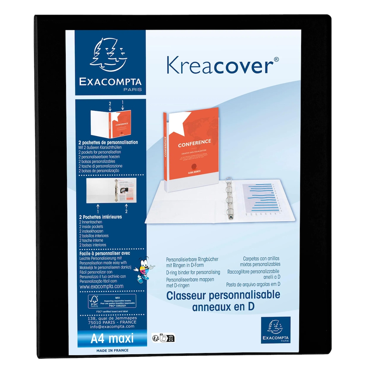 Exacompta 51842NE 10x Ringbuch, 4 Ringe 30mm Rücken 38mm Rücken, 3 Außen- und 2 Innenhüllen, 32x27,7cm für DIN A4 MAXI - Kreacover - Schwarz