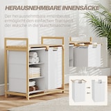 thumbnail of Wäschekorb Wäschesammler aus Bambus Weiß 70x36x70 cm mit 2 herausziehbaren Wäschesäcken Ablage seitliche Griffe Lattendesign