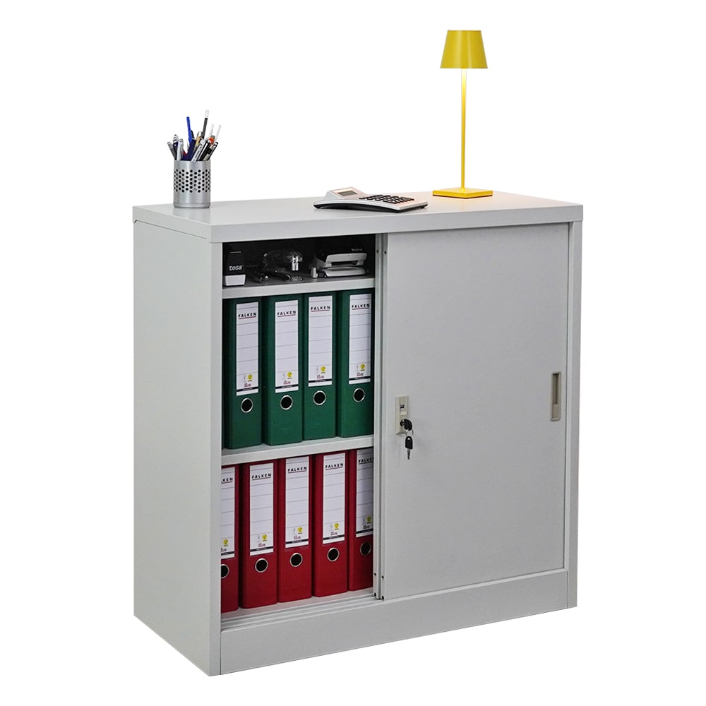 PROREGAL Aktenschrank ELEPHANT mit abschließbaren Schiebetüren | HxBxT 90x90x40cm | 2 Fachböden | Lichtgrau | Metallschrank Ordnerschrank Büroschrank