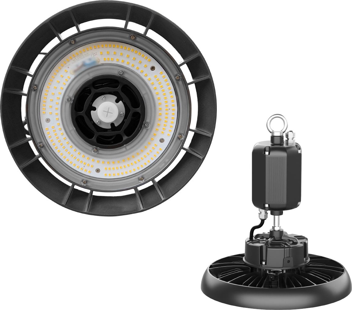 Alcapower LED-Hallenstrahler UFO 100W 15000lm 4000K IP65 IK08, integrierte Notlichtfunktion 180 Min., hohe Lichtausbeute für Industrieumgebungen.