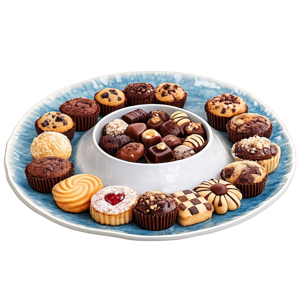 JO Servierplatte Ø 35,5 cm runde Snack- & Dipplatte Melamin blau weiß Antipasti