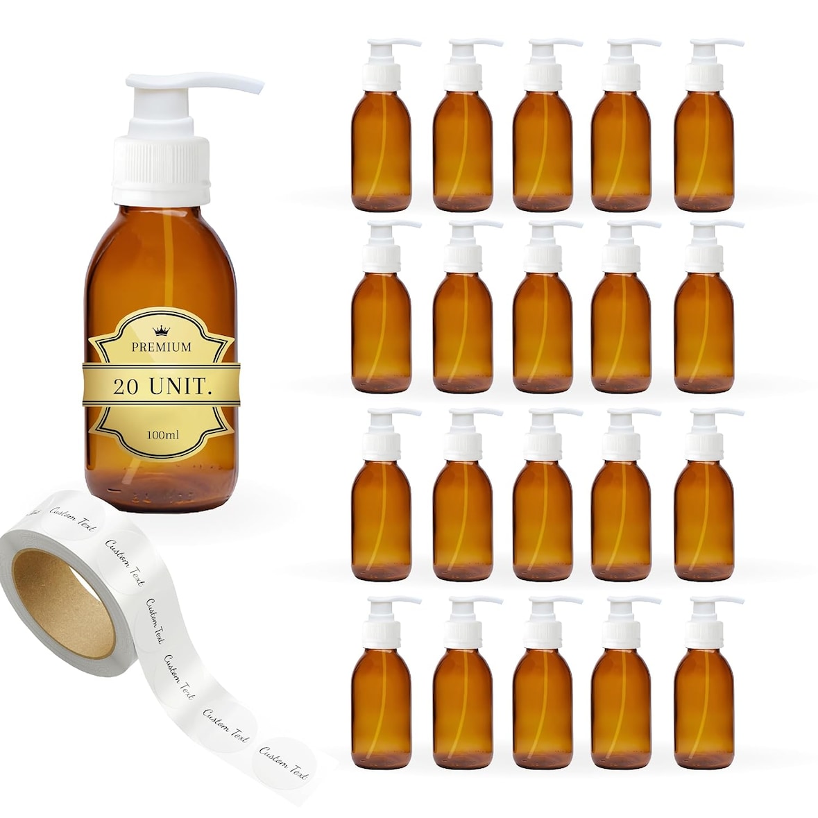 20 flaconi con pompa in vetro ambrato da 100 ml + 20 etichette personalizzate – Per oli essenziali e cosmetici