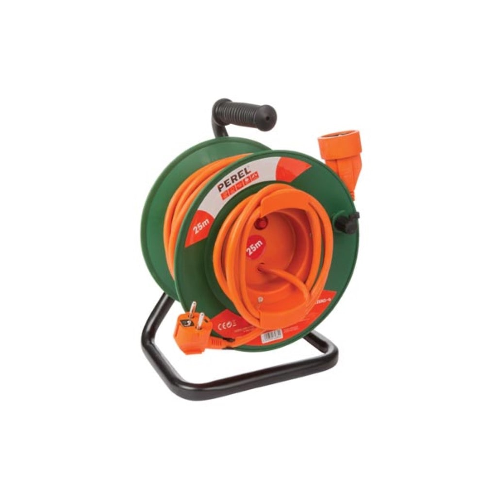 Kabeltrommel, Innenbereich, Schutzkontakt-Stecker/-Kupplung, Überhitzungsschutz, Kabellänge 25 m, 3G1.5, Orange/Grün
