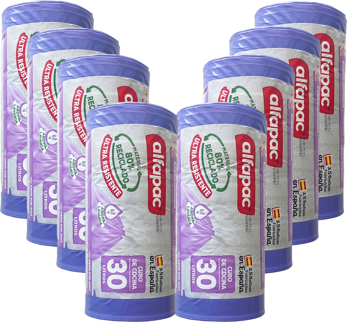 Alfapac - Müllbeutel 30L 55x60cm mit Selbstverschluss 'Lavendel', 8 Rollen x 15 Stück (80% Recycelt)