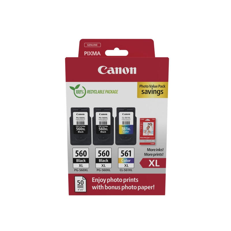 Canon Pg-560Xl/Cl-561Xl Confezione da 3 cartucce d'inchiostro originali + carta fotografica lucida Gp-501 - 3712C012