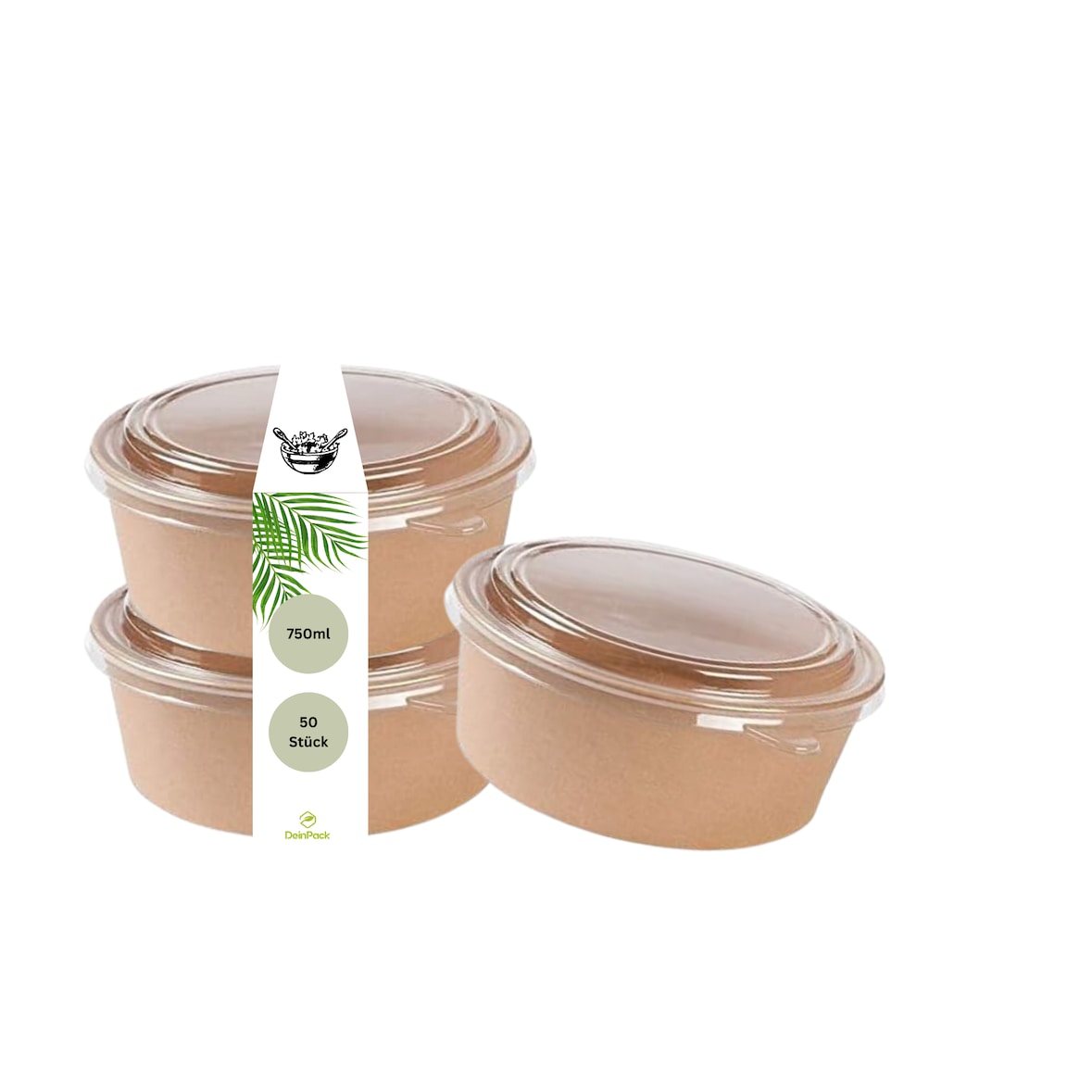DeinPack 50 Salatschale to go mit RPET Deckel braun rund 750 ml mit PLA Innenbeschichtung