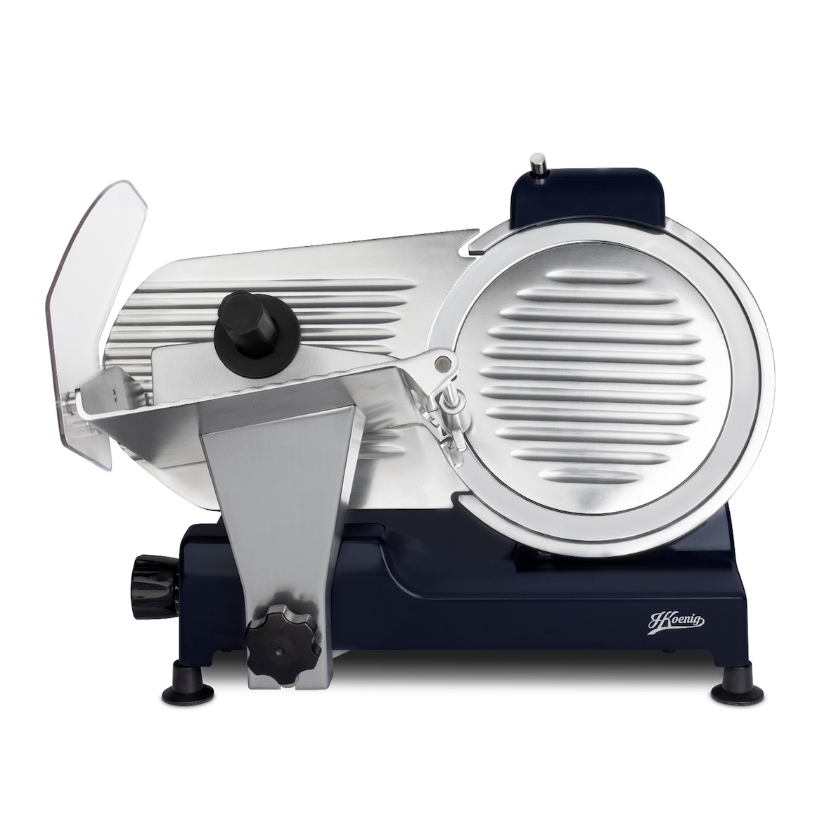 H.Koenig Elektrischer Alleschneider MSX256, professionell, Schnitt 0-12 mm, italienische Klinge 25 cm, eingebauter Schärfer, 282 rpm, Nachtblau