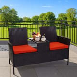 thumbnail of Poly-Rattan Sitzbank mit Tisch HWC-E24, Gartenbank Sitzgruppe Gartensofa, 132cm ~ schwarz, Kissen terracotta