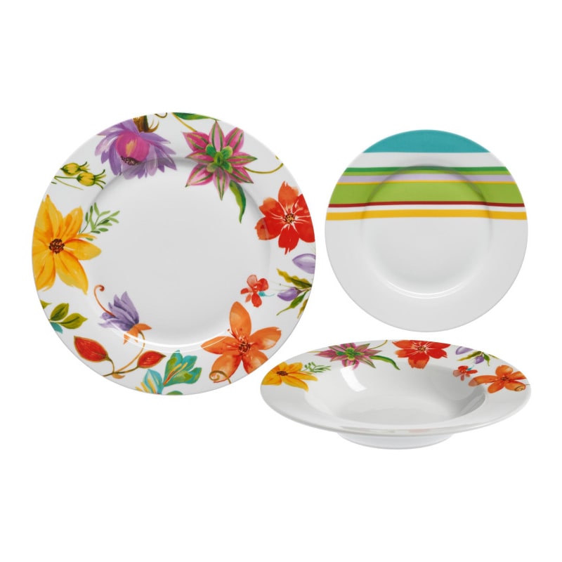 Q.B Fiori e Righe, set 18 piatti in fine porcellana