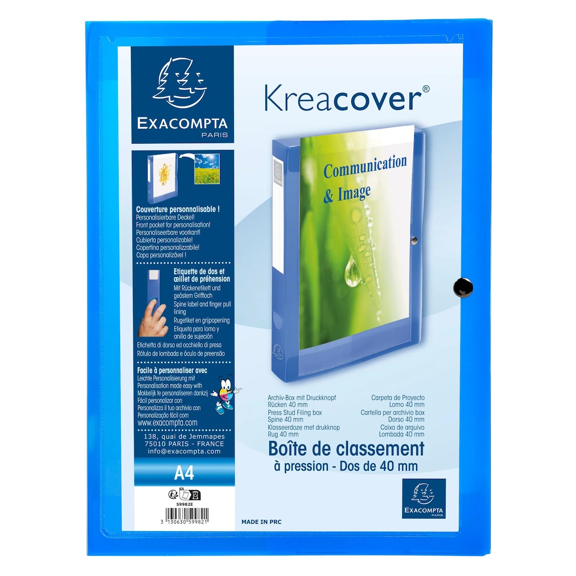 Exacompta 59982E 5x Archivbox mit Druckknopf aus PP 700µ, Rücken 40mm, 25x33cm für DIN A4 - Kreacover - Blau