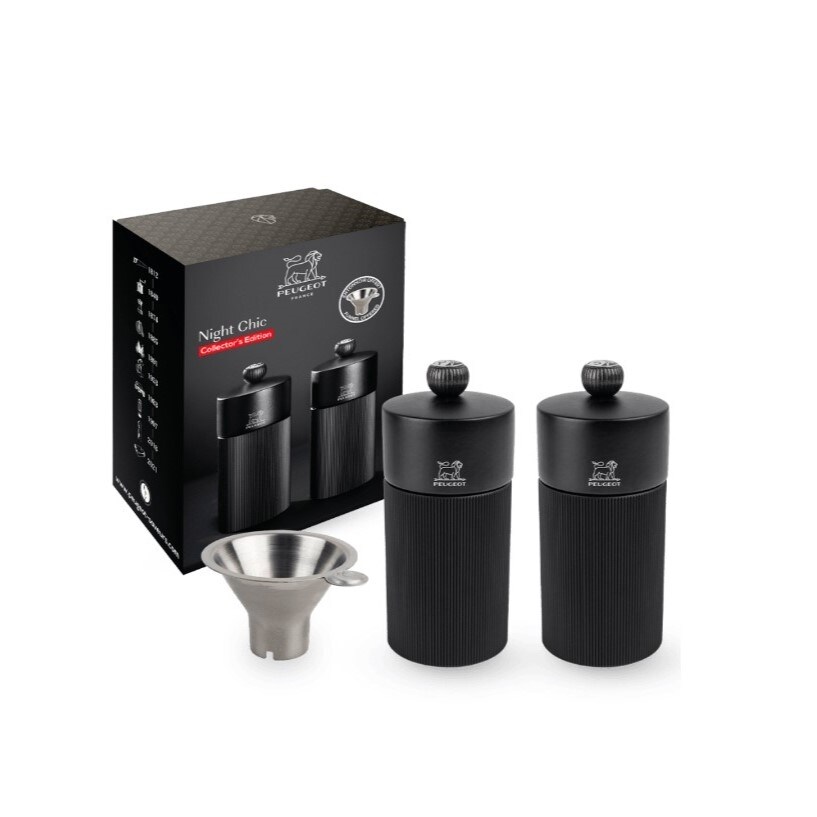 PEUGEOT Mühlenset NIGHT CHIC 12cm Schwarz Aluminium Pfeffermühle Salz Trichter