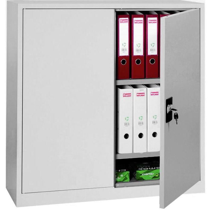 PROREGAL Flügeltürenschrank Badger | 2 Fachböden | Eurolock Griff Sockel | HxBxT 100x80x38 cm | Grau | Lackiert
