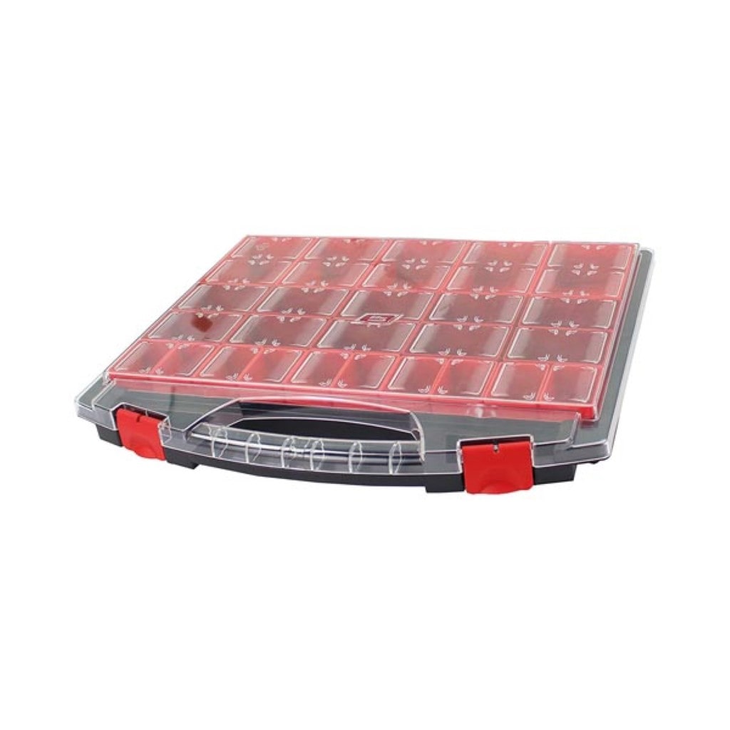 Caja de almacenamiento, 25 compartimentos extraíbles, transparente, cubierta apilable, 430 x 370 x 55 mm, negro/rojo