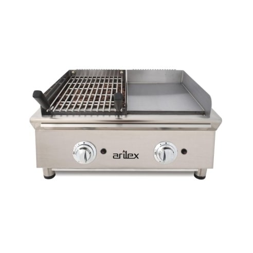 Fry-Top à gaz DUO plaque lisse en ACIER rectifié et GRILL pierre de lave - L700 | Arilex - 70FRYGRBN