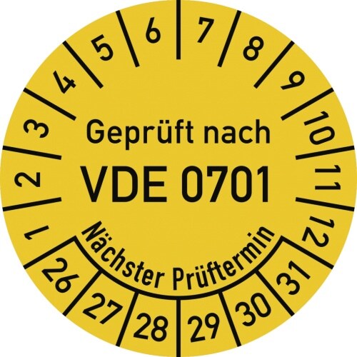 Dreifke® Prüfplakette VDE 0701 Nächster Prüft., 2026-2031, Dokumentenf., Ø30mm,10 Stück/Bogen