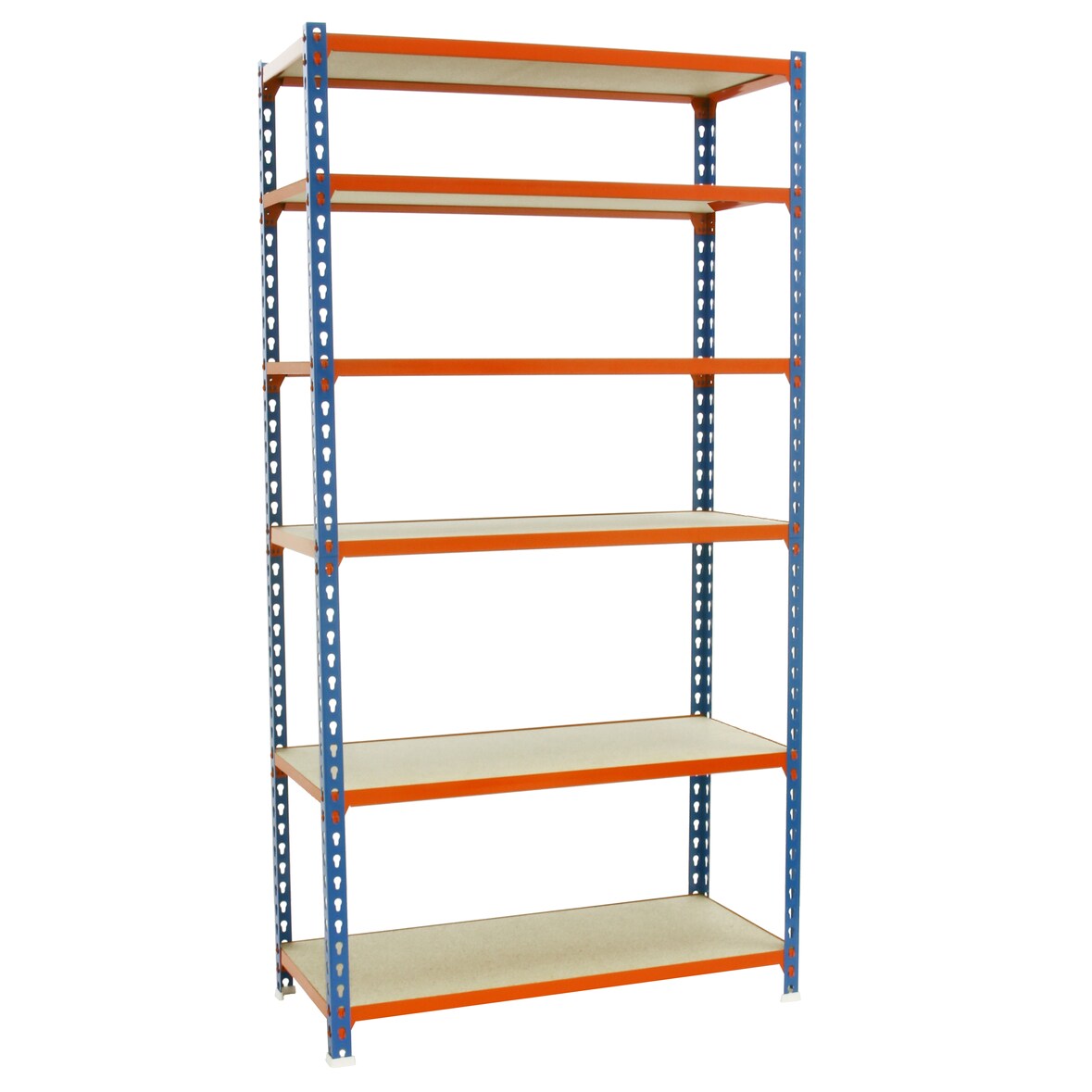 Maderclick schraubenloses Metallregal 6 Böden. Farbe BLAU/HOLZ 2500x1100x300 mm