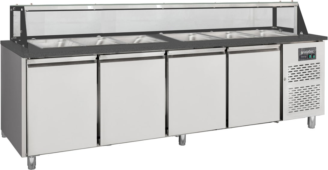 Salattheke / 4-fach mit Türen, Glasaufbau, für 6x GN 1/1 "schwarz", 2500 x 800 mm