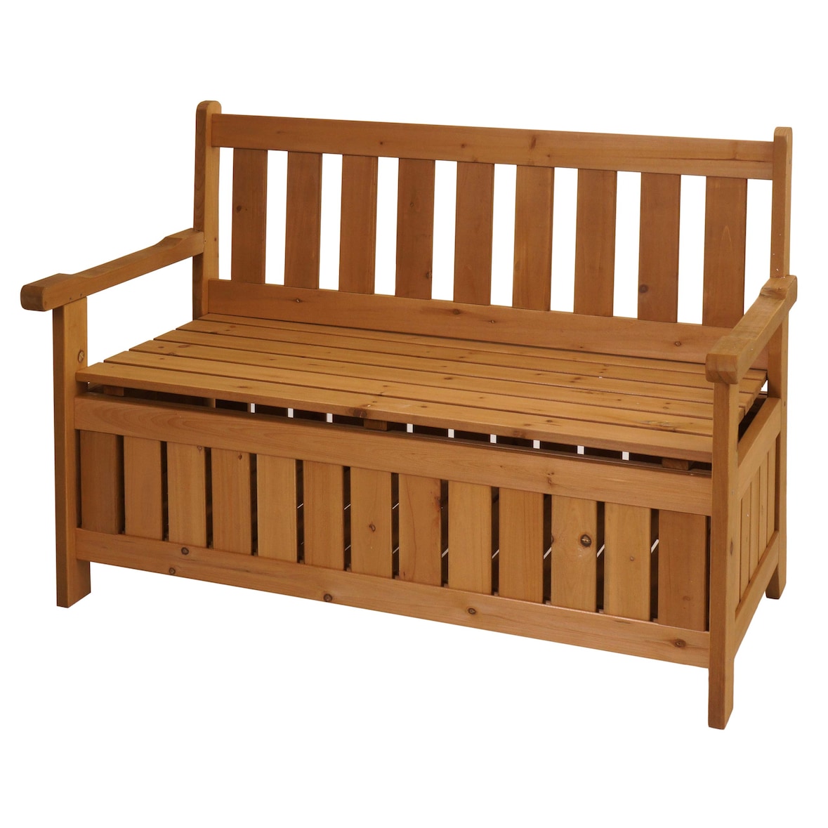 Gartenbank HWC-L68 mit Stauraum, Truhenbank Sitzbank Staufach Aufbewahrung, Outdoor Tanne Holz FSC® 114cm, braun