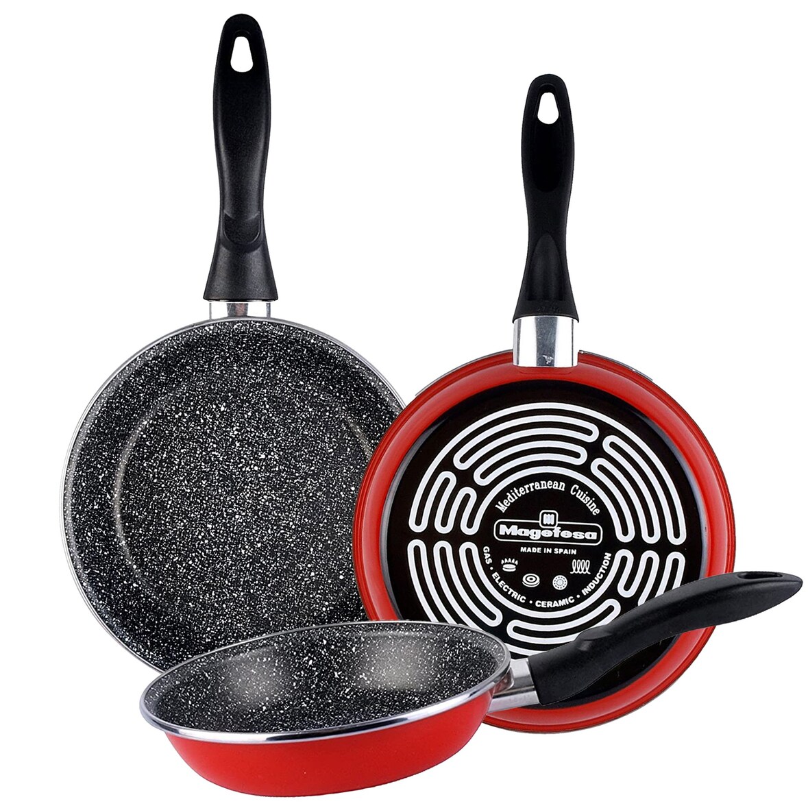 Magefesa K2 Rojo Juego 3 Sartenes 24-26-28cm, Inducción, Antiadherente PIEDRA libre de PFOA, Acero Vitrificado, Rojo