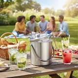 thumbnail of Relaxdays Eisbehälter rund mit Deckel, Eiszange, Eiswürfel-Kühler für Bar, Party, 1,5 Liter, HBT: 17 x 15 x 15cm, silber