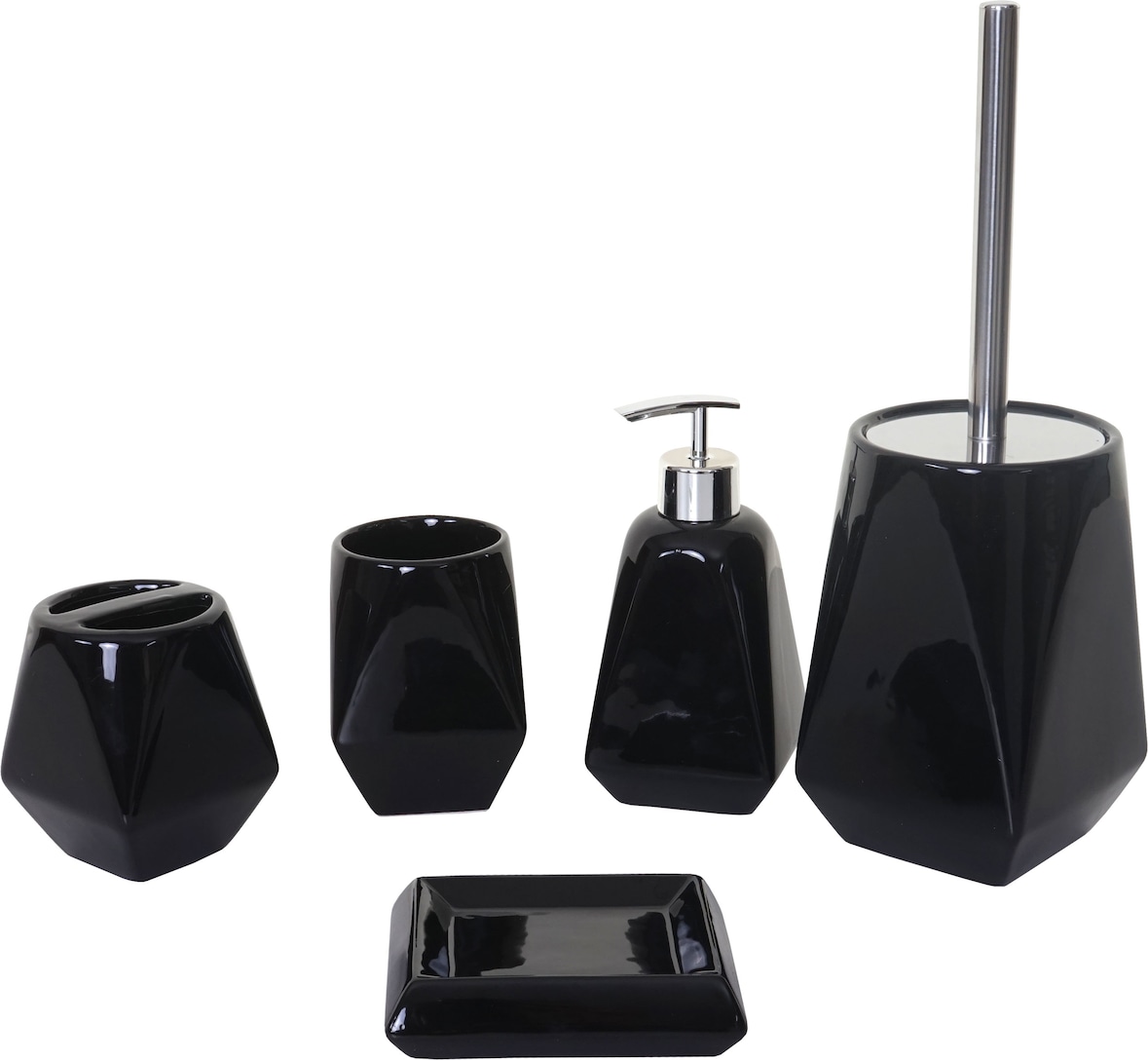 Ein schwarzes Badezimmer-Accessoire-Set.