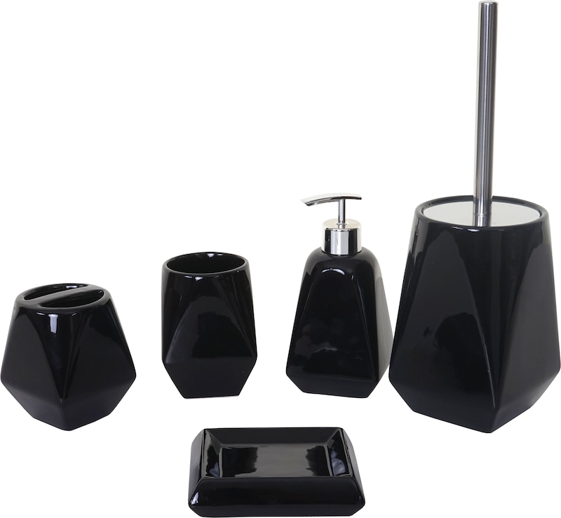 Ein schwarzes Badezimmer-Accessoire-Set.